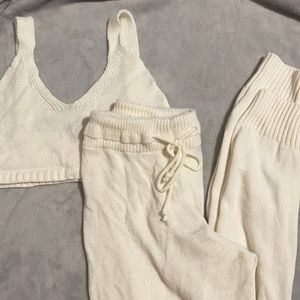 Cream Knitted Bralet And Jogger Set